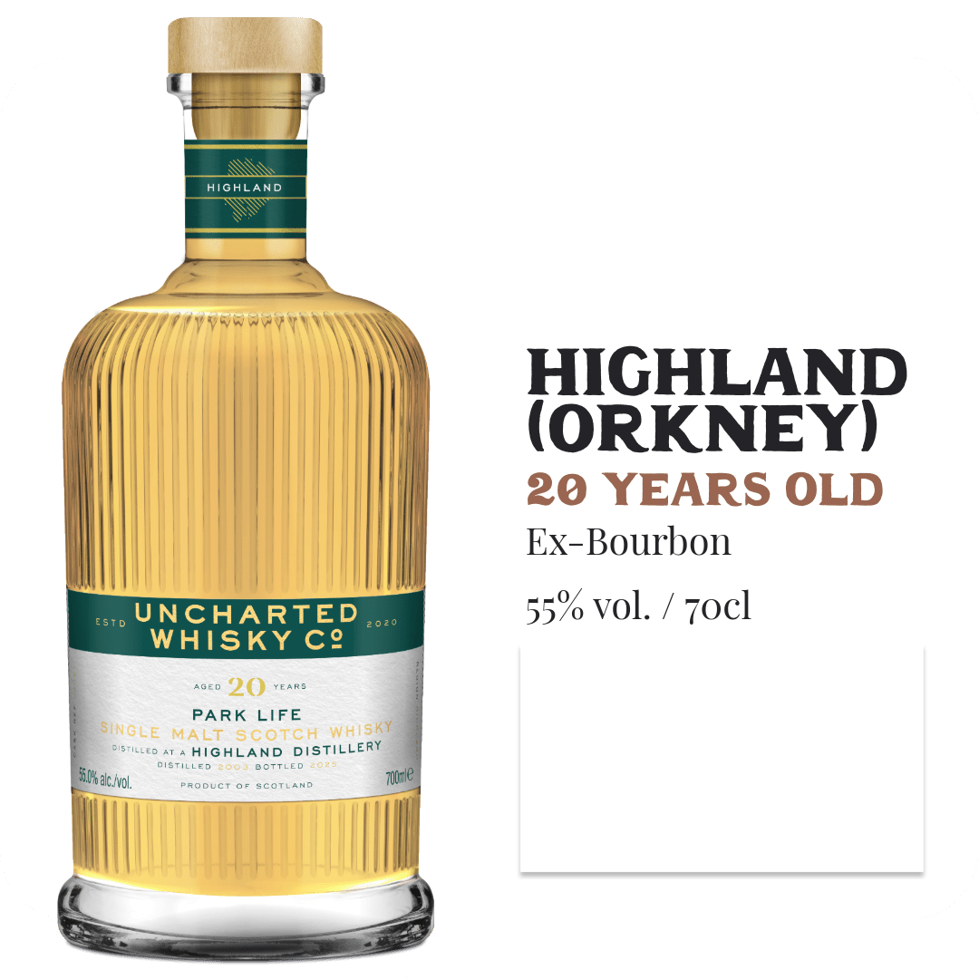 Premium 20-year-old Highland Park single malt whisky in a ribbed glass bottle with gold cap, labeled Uncharted Whisky Park.