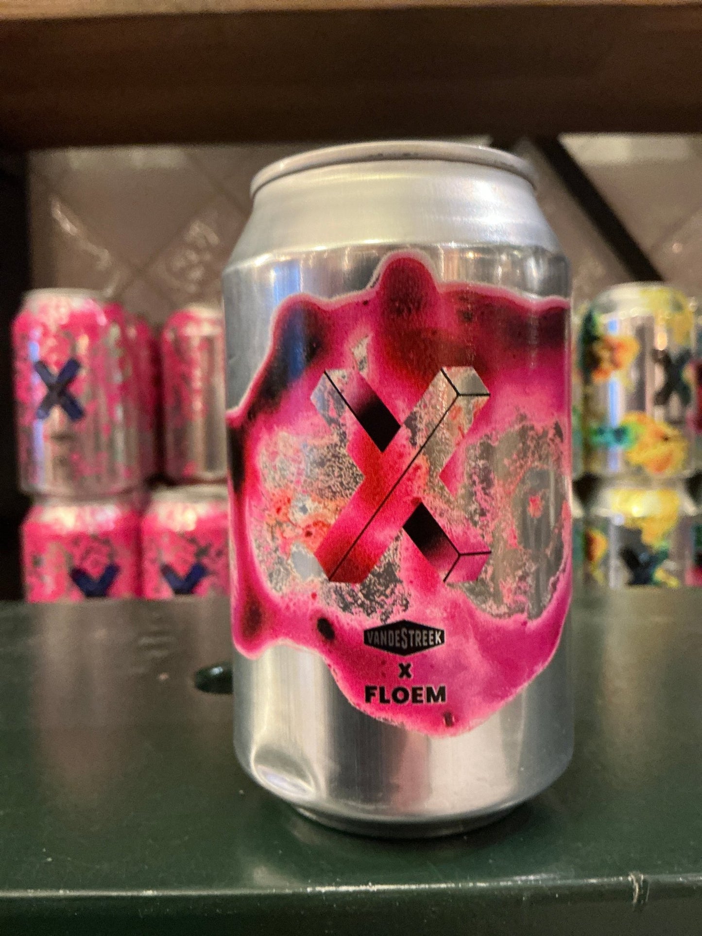 Silver can of Van de Streek X Floem premium craft beer, Barrel Collab Series #2 Vanilla Coconut Stout with pink, black, and.