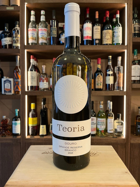 Vinhos Teoria Douro Grande Reserva Branco 2023 Portuguese white wine bottle with minimalist white label on wooden surface,.