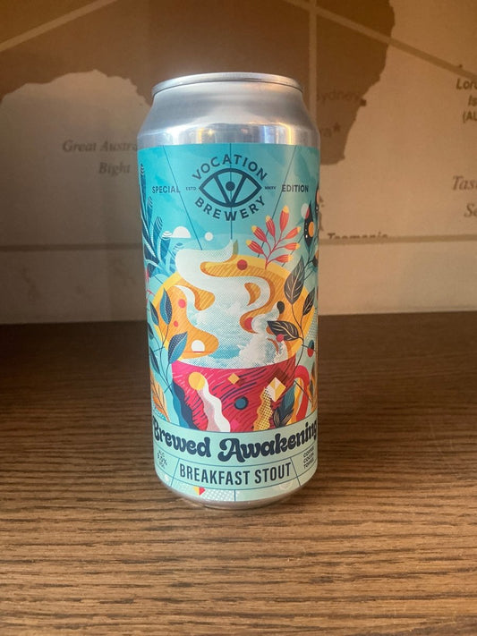 Vocation Brewery Brewed Awakening coffee stout can — rich chocolate and maple breakfast stout, 9% ABV