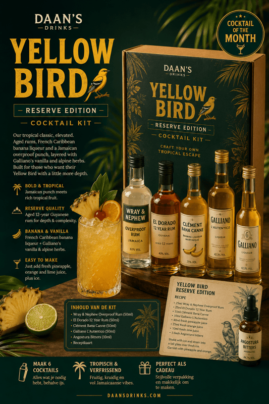 Yellow Bird Reserve Edition Cocktail Kit — aged Guyanese rum, Jamaican overproof rum, banana liqueur and Galliano miniatures with recipe card, in premium gift packaging