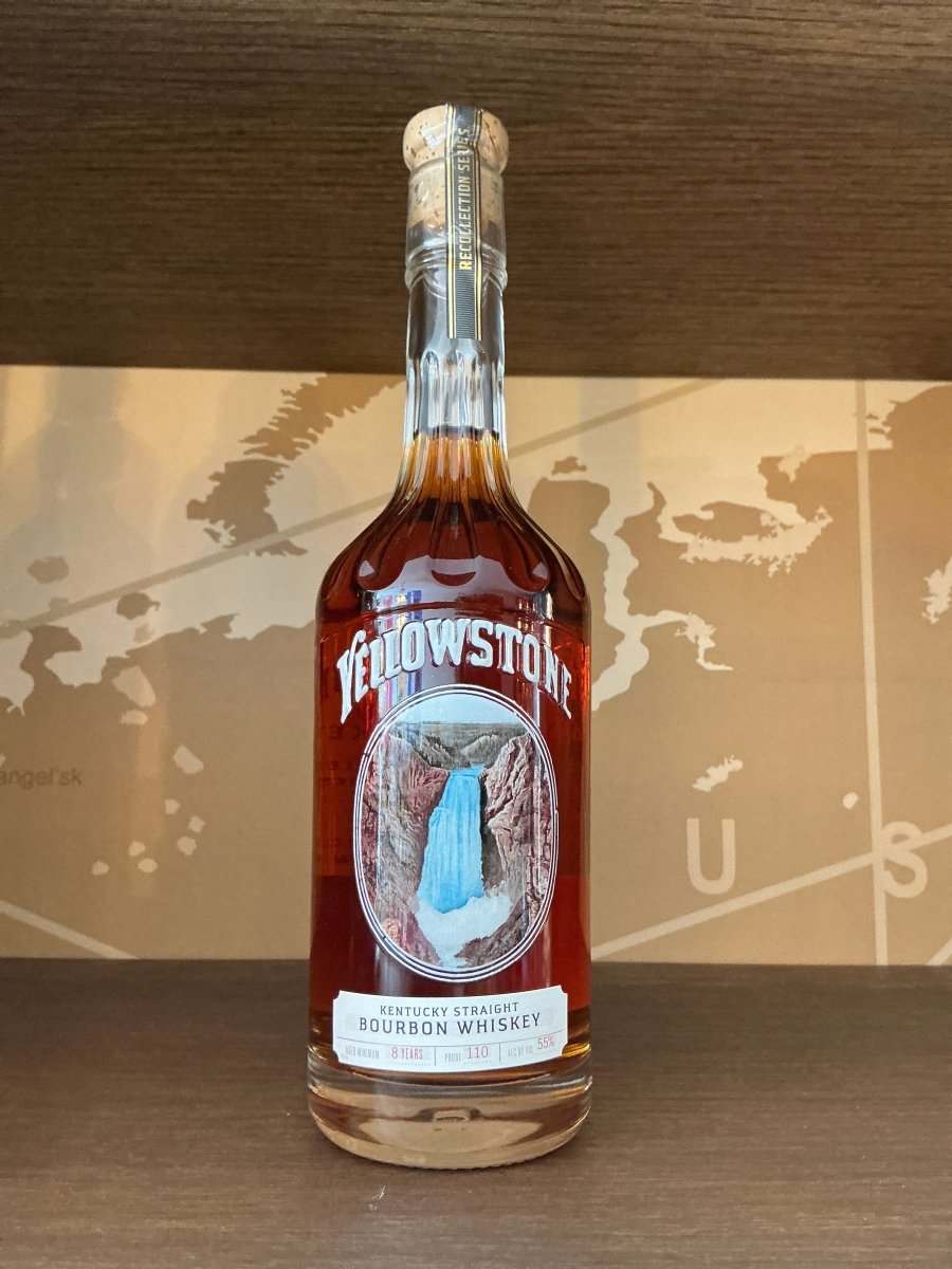 Yellowstone Recollection Series Kentucky Straight Bourbon Whiskey 700ml decanter-style bottle — 8 year old, 110 proof / 55% ABV, with Yellowstone Lower Falls illustration
