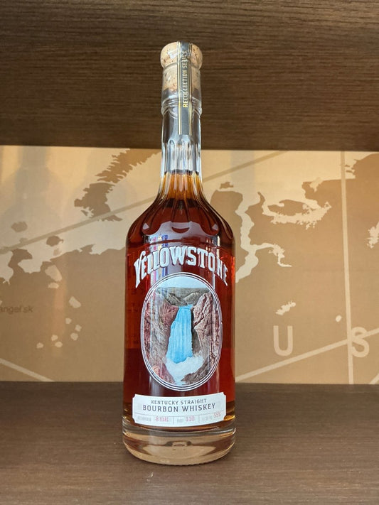 Yellowstone Recollection Series Kentucky Straight Bourbon Whiskey 700ml decanter-style bottle — 8 year old, 110 proof / 55% ABV, with Yellowstone Lower Falls illustration